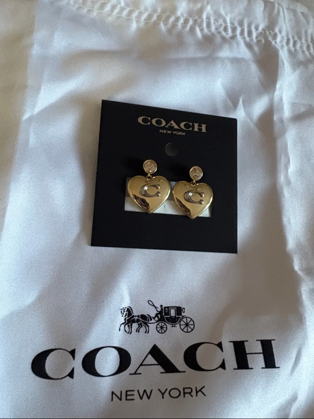 COACH Gold Heart Logo Drop Earrings with Crystal Studs - Picture 2 of 3